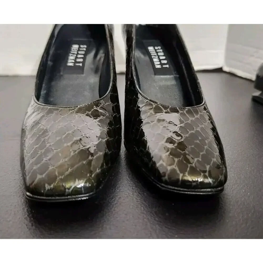 Stuart Weitzman Womens Exotic Snakeskin Black Leather Square Toe‎ Pumps 9 AA